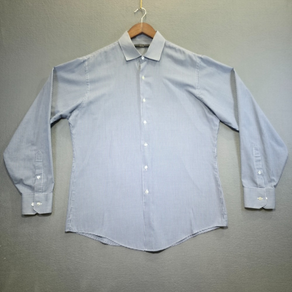 Geoffrey Beene Fitted Men's Blue Check Wrinkle Free‎ Dress Shirt Size 16-34/35